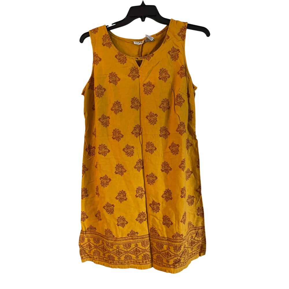 Vintage White Stag Sleeveless Linen Blend Dress Mustard Floral Boho Short Large